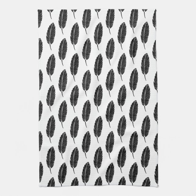 Black & White Rustic Feather Linocut Tea Towel (Vertical)