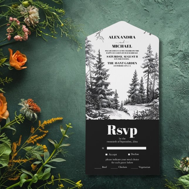 Black White Rustic Mountain Forest  Wedding All In One Invitation (Creator Uploaded)