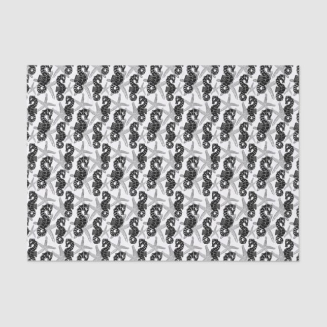 Black White Rustic Starfish and Seahorse Tissue Paper (Front)