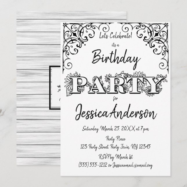 Black White Rustic Wood Floral Birthday Invitation (Front/Back)