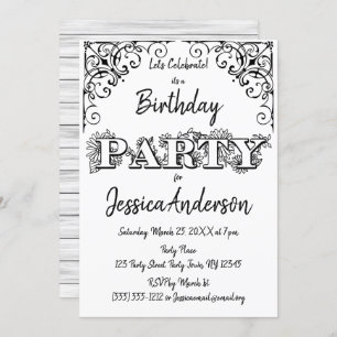 Black White Rustic Wood Floral Birthday Invitation