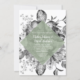 Black White Sage Green Floral Watercolor Wedding Announcement