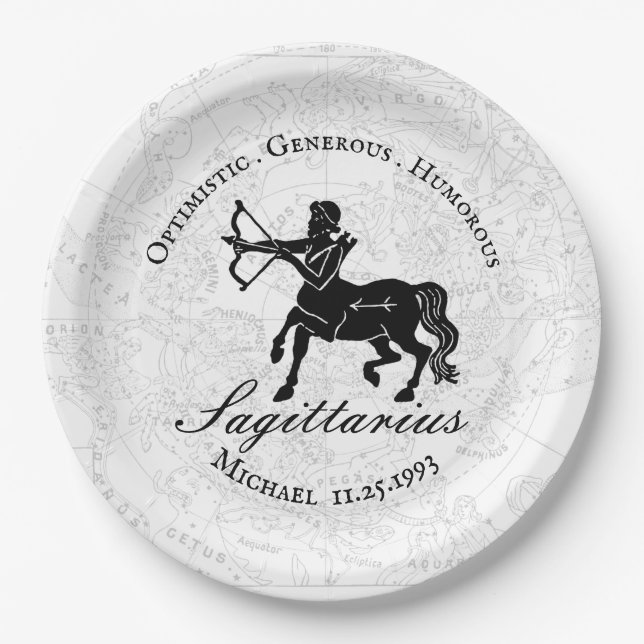  Black White Sagittarius Zodiac Custom Birthday Paper Plate (Front)