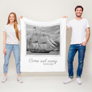 Black White Sailing Ship Schooner Sail Away Fleece Blanket