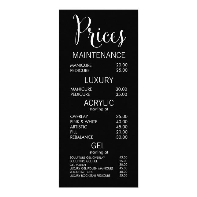 Black & White Salon Menu Price List Cards (Front)