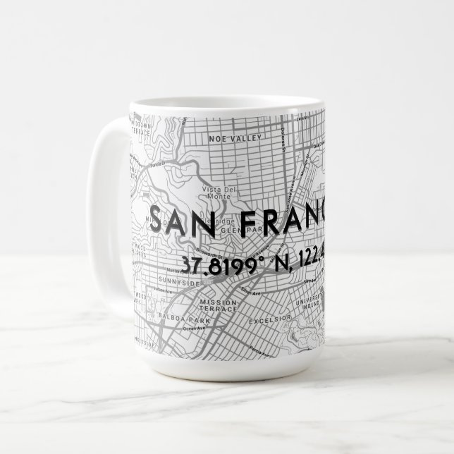 Black & White San Francisco Map Custom Coordinates Coffee Mug (Front Left)
