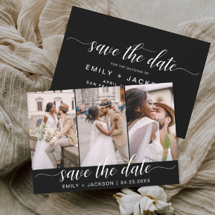 Black White Save the Date 3 Photo Elegant Modern