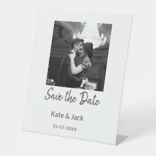 BLACK WHITE save the date add QR name date orange Pedestal Sign
