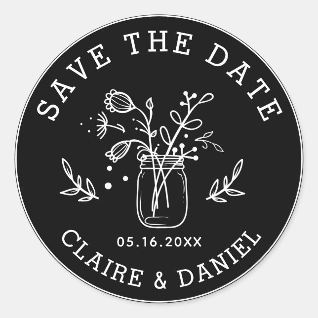 Black & White Save the Date Mason Jar Flowers Classic Round Sticker (Front)