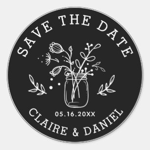 Black & White Save the Date Mason Jar Flowers Classic Round Sticker