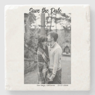 black white save the date QR add website name phot Stone Coaster