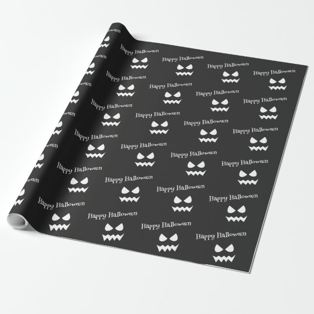 Black & White Scary Halloween Ghost Face Pattern Wrapping Paper (Unrolled)