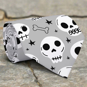Black & White Scary Halloween Skull Spider Bone Tie