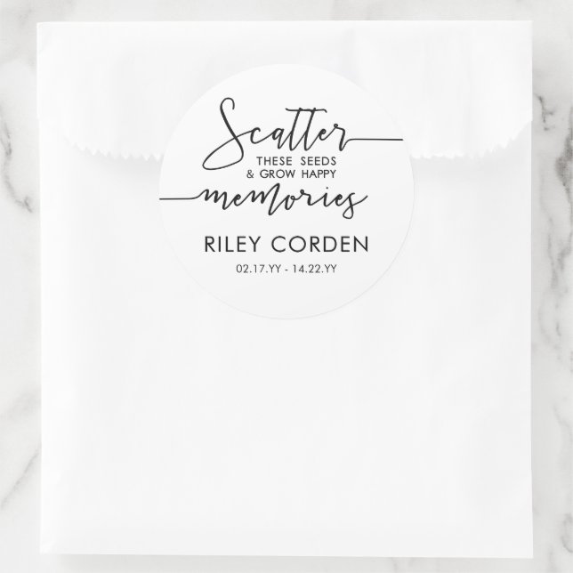 Black White Scatter Seeds Grow Memories Funeral Classic Round Sticker (Bag)