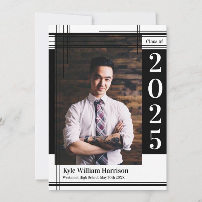 Black White School Colour Graduation Photo Plaid Invitation (Front)