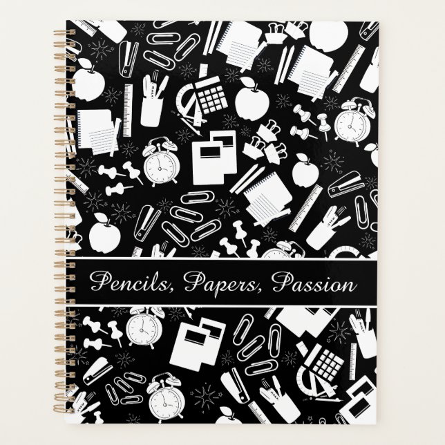 Black White school Supplies Pattern TeacherStudent Planner (Front)