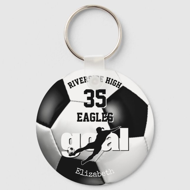 black white school team spirit girls soccer key ring (Front)