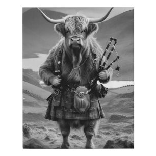 Black White Scottish Highland Cow Bagpiper,  Faux Canvas Print