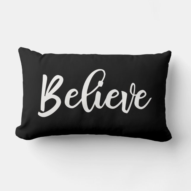 Black White Script Believe Christmas Lumbar Cushion (Front)