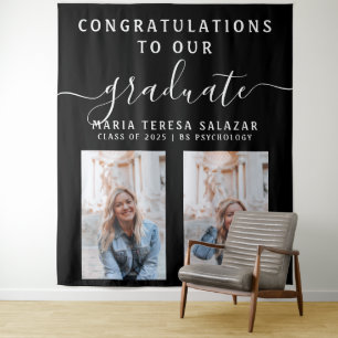 Black White Script Calligraphy 2 Photo Graduation Tapestry
