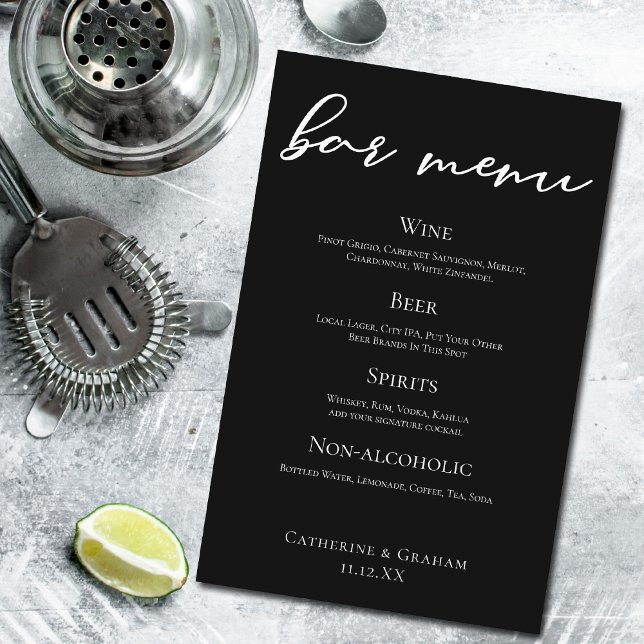 Black White Script Elegant Formal Wedding Bar Menu (Creator Uploaded)