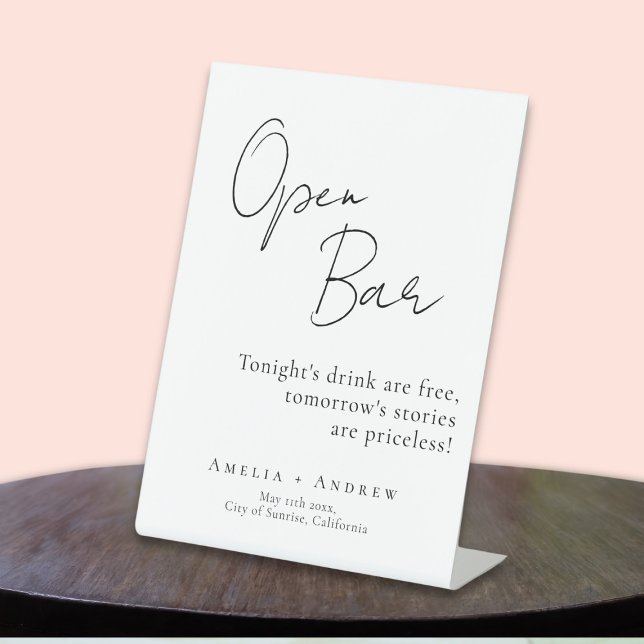 Black White Script Elegant Wedding Open Bar Pedestal Sign (Creator Uploaded)