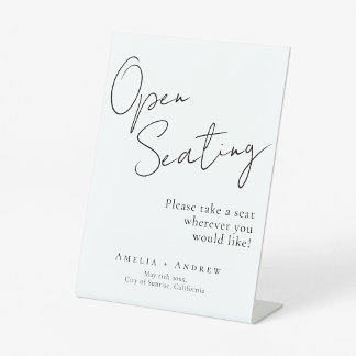 Black White Script Elegant Wedding Open Seating  Pedestal Sign