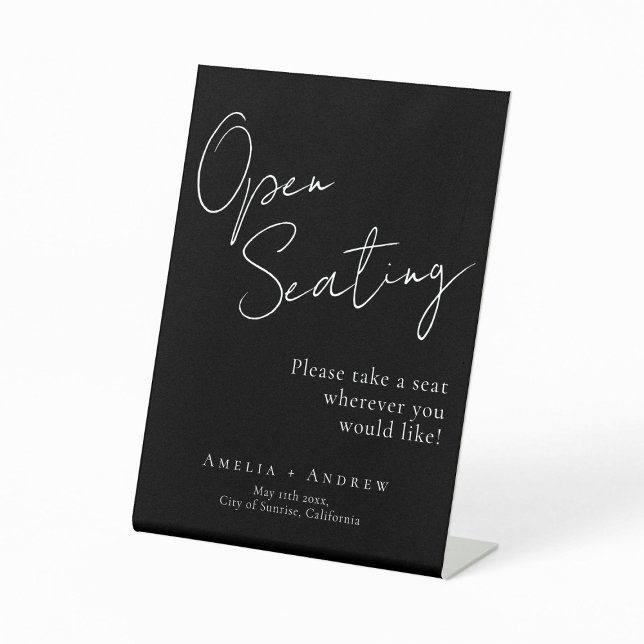 Black White Script Elegant Wedding Open Seating  Pedestal Sign (Creator Uploaded)