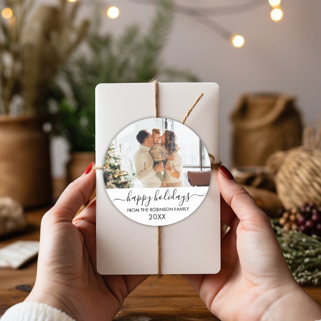 Black White Script Family Photo Happy Holidays Classic Round Sticker (Creator Uploaded)