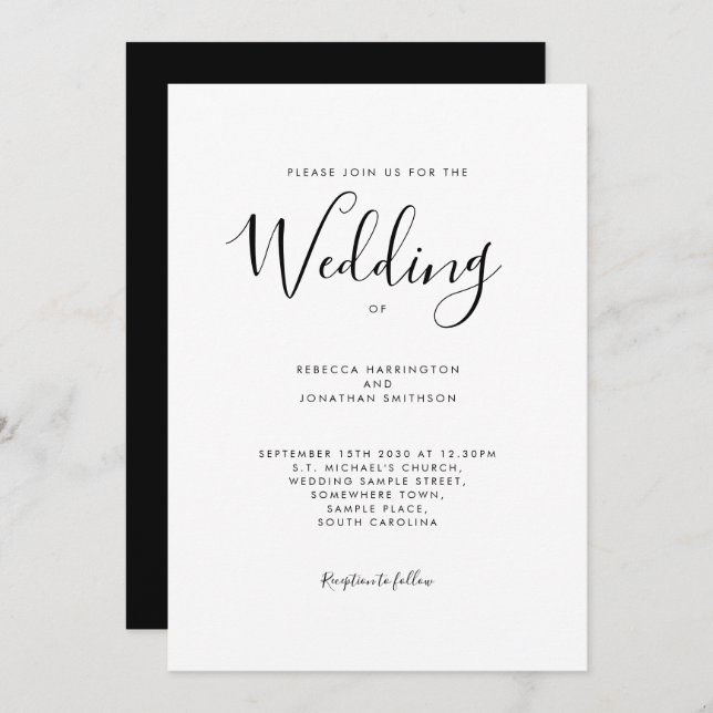 Black White Script Font Wedding Invitation (Front/Back)