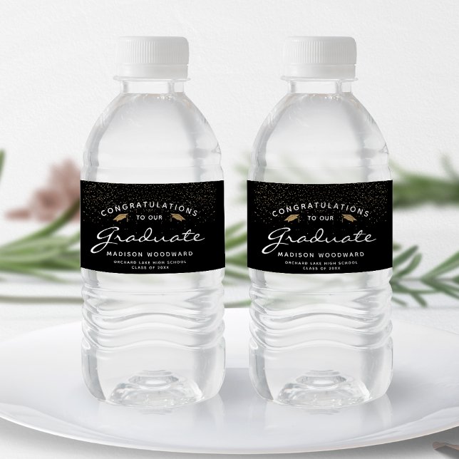 Black White Script Gold Cap Graduation Water Bottle Label (Creator Uploaded)