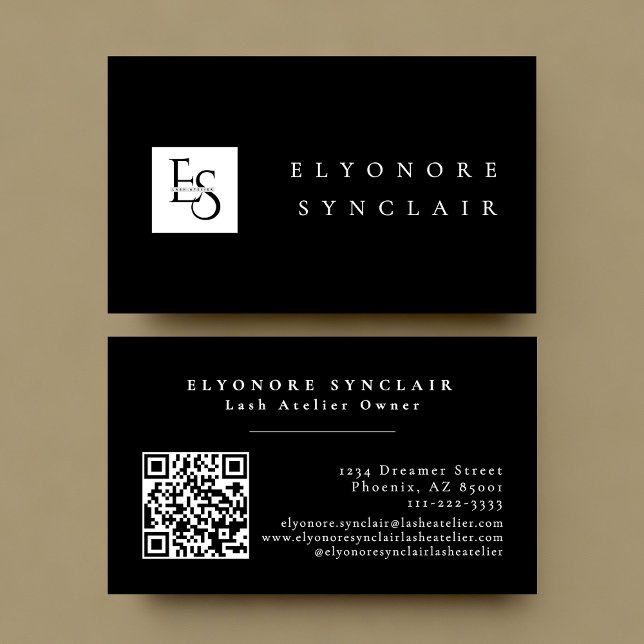 Black White Script Lashes Studio Logo QR Code Business Card (Creator Uploaded)