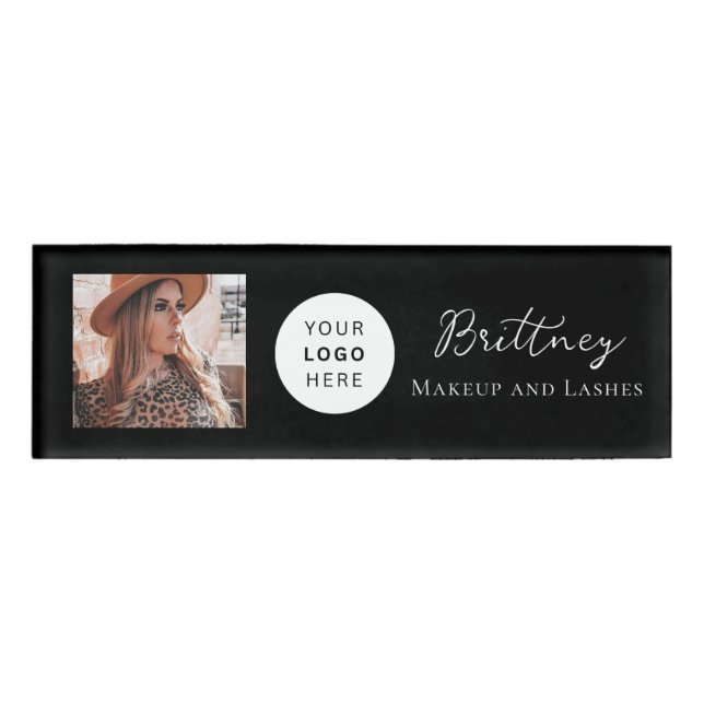 Black & White Script Logo Photo Makeup Name Tag (Front)