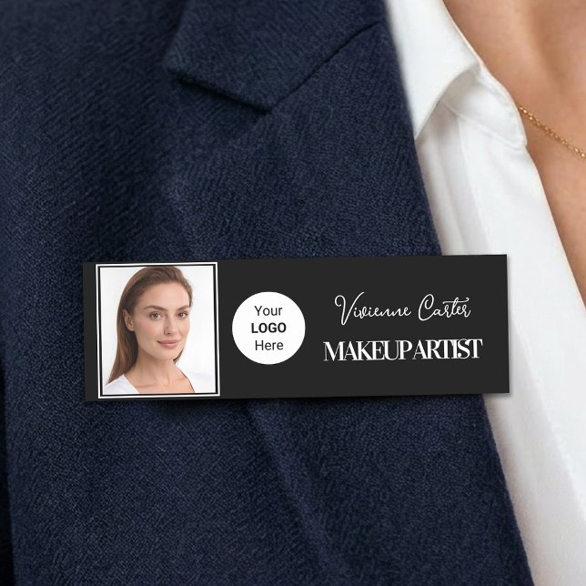 Black White Script Logo Photo Makeup Name Tag (Black White Script Logo Photo Makeup Name Tag)