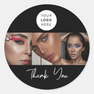 Black White Script Logo Photo Makeup Thank You  Classic Round Sticker
