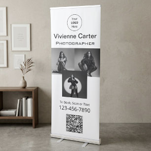 Black White Script Logo QR Code Photo Hair Studio Retractable Banner