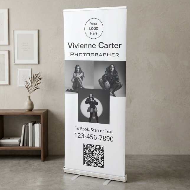 Black White Script Logo QR Code Photo Hair Studio Retractable Banner (Black White Script Logo QR Code Photo Hair Studio Retractable Banner)