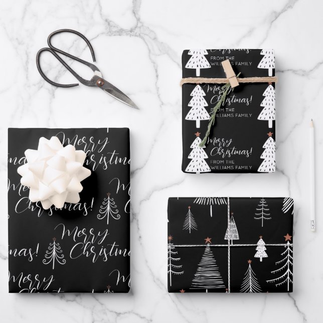 Black White Script Merry Christmas Tree Name  Wrapping Paper Sheet (Front)