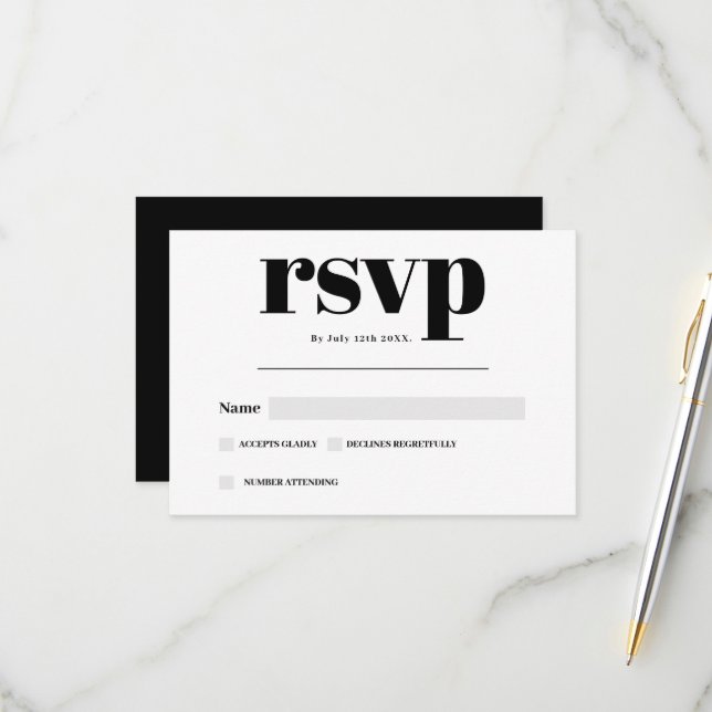 Black white script modern bold rsvp wedding card (Front/Back In Situ)