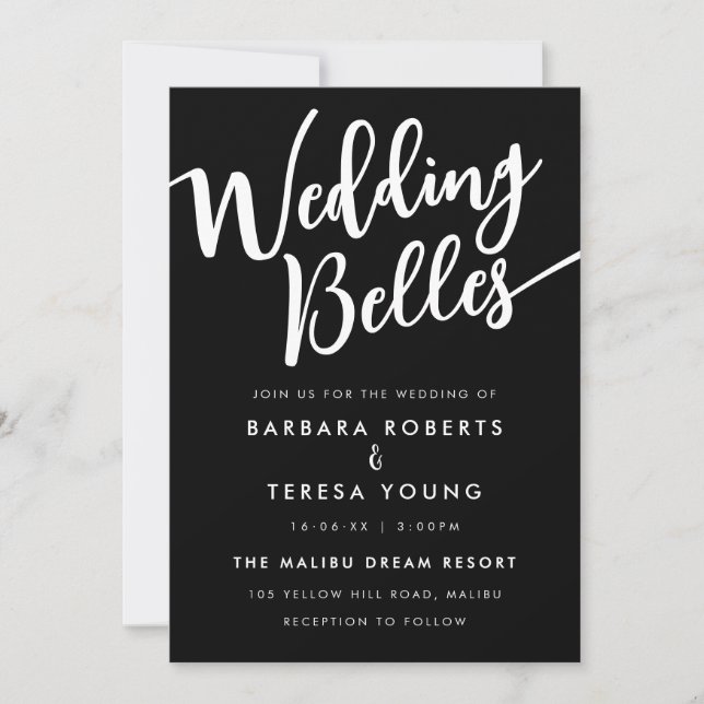 Black White Script Modern Lesbian Wedding Invitation (Front)