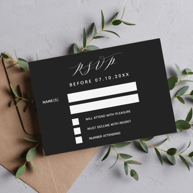 Black white script modern wedding response RSVP Card (Creator Uploaded)