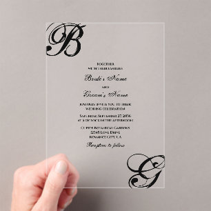 Black & White Script Monogram Wedding Acrylic Invitations