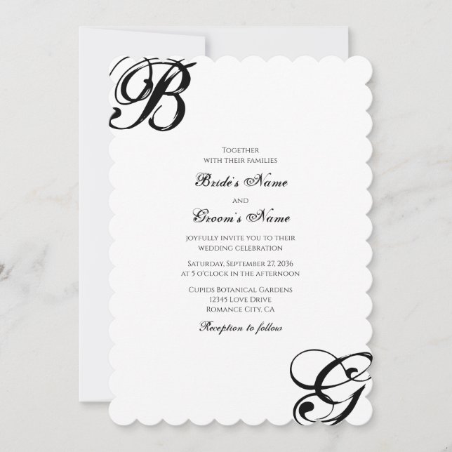 Black & White Script Monogram Wedding Invitation (Front)