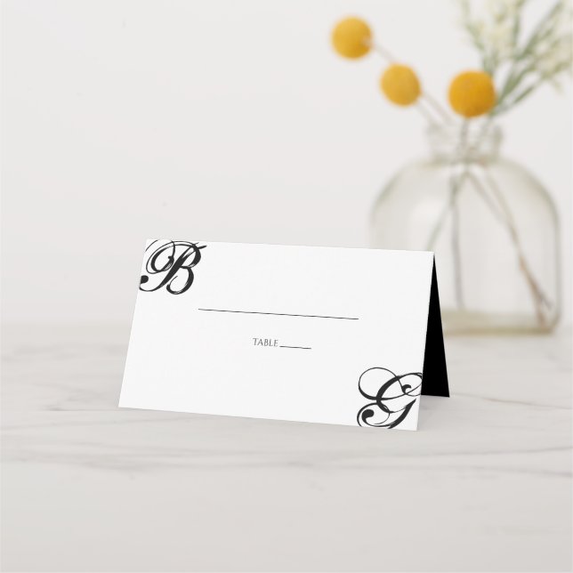 Black & White Script Monogram Wedding Place Card (Front)