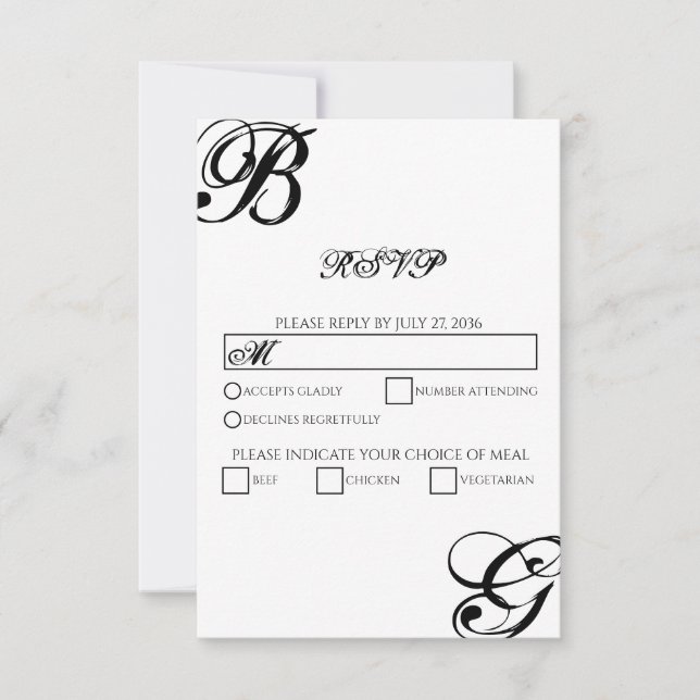 Black & White Script Monogram Wedding  RSVP Card (Front)