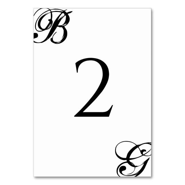 Black & White Script Monogram Wedding Table Number (Front)