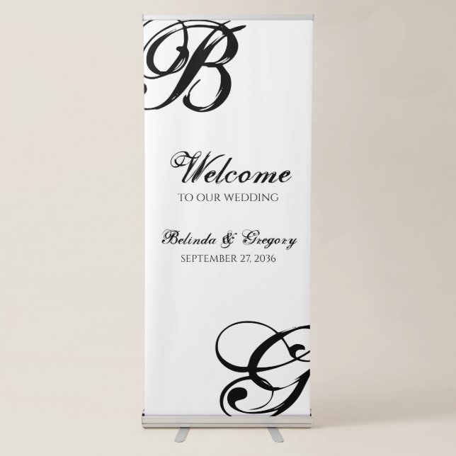 Black & White Script Monogram Wedding Welcome Sign (Front)