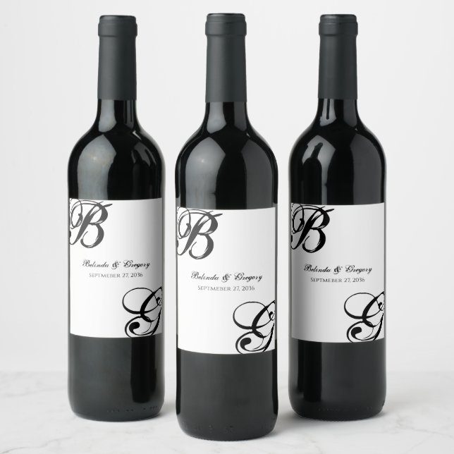 Black & White Script Monogram Wedding  Wine Label (Bottles)