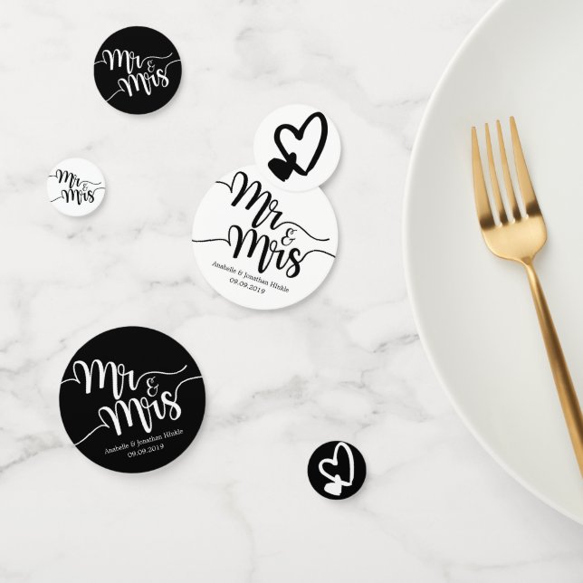 Black & White Script Mr. and Mrs. Hearts Wedding Confetti (Group)