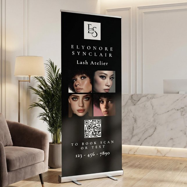 Black White Script Photo Logo QR Lashes Studio Retractable Banner (Creator Uploaded)